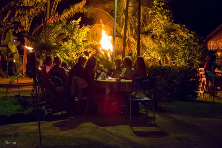Diner bij fakkellicht op het terrein van Danpaati River Lodge